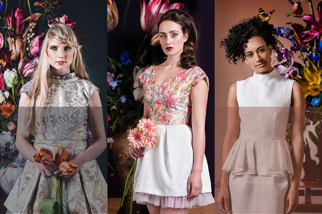 De prachtige bloemstillevens van Bas Meeuws in combinatie met in de basis witte jurkjes zorgt voor een adembenemend contrast.