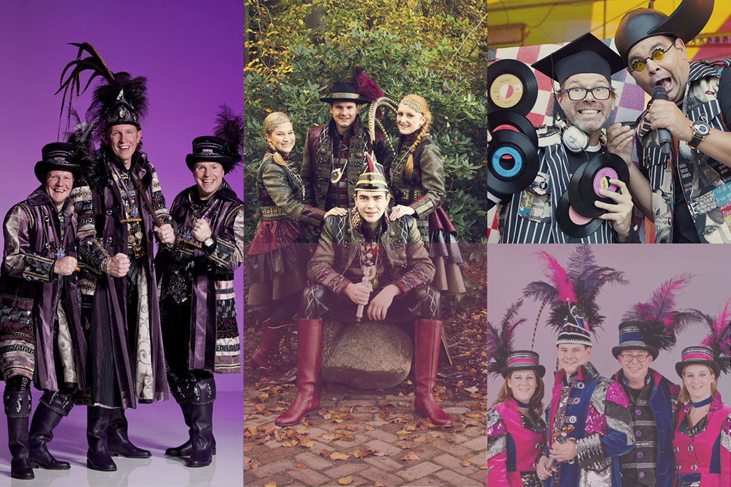 Een grote collectie kostuums ontworpen voor carnaval, het gebruik en mixen van materialen, kleuren en dessins blijft geweldig