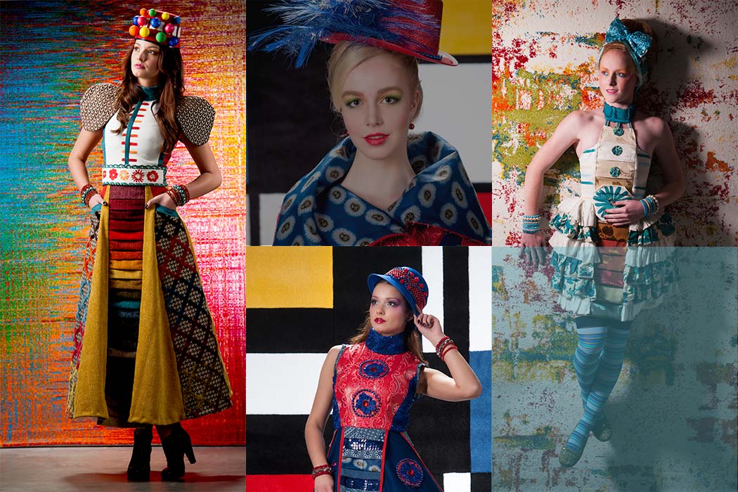 Een collectie die ik heb gebouwd rond de stalenkaarten van interieurstoffen, gefotografeerd met kleurrijke tapijten.