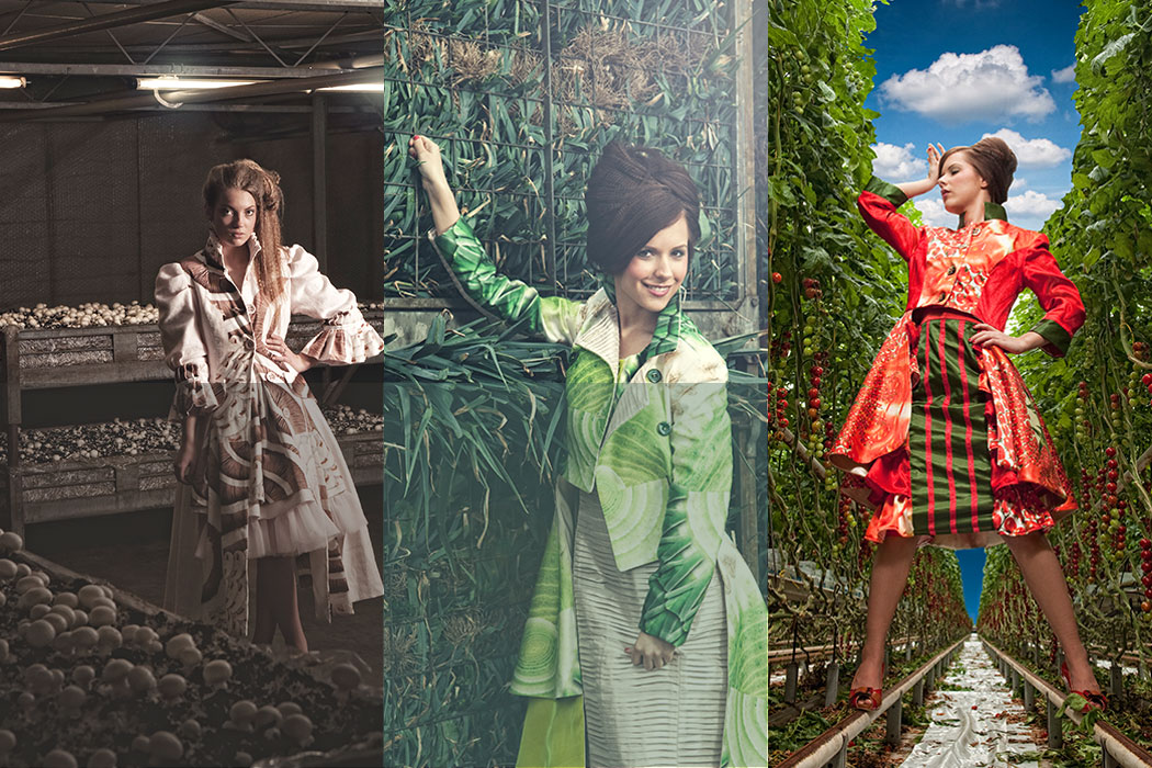 4 kostuums met groentenprints, gemaakt voor de Floriade 2012 in Venlo