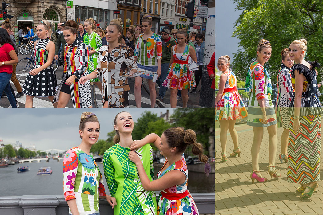 Ter promotie van mijn shop in shop in Amsterdam gingen 7 uitbundig gekleedde modellen voorzien van mooie visagie en kapsels de straat op.