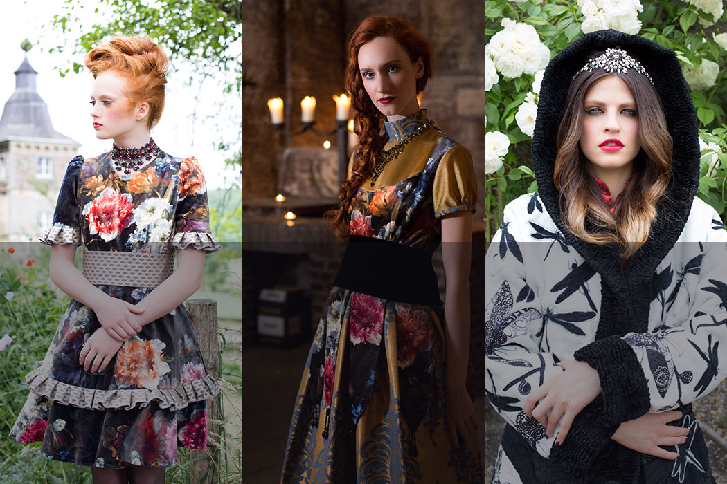 Fluweelzachte en rijk gedessineerde stoffen, kant en brokaat vormden de basis voor deze collectie die gefotografeerd werd op Château Neercanne.