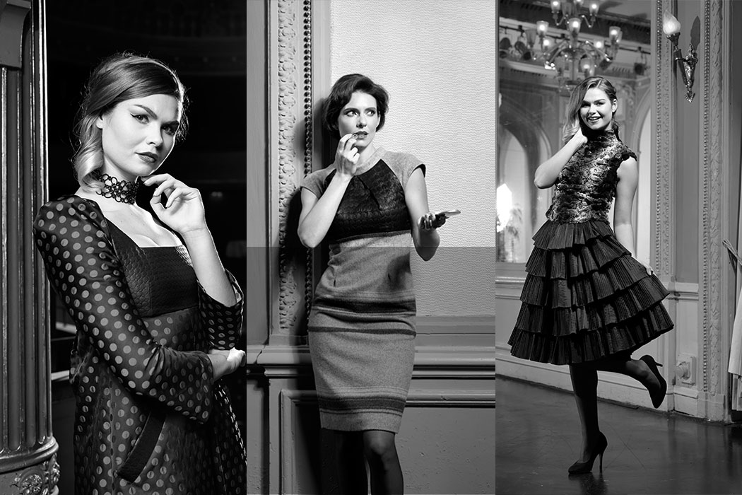 Een kledingcollectie in zwartwit-tinten, gefotografeerd in een van de oudste en mooiste theaters van Nederland: La Bonbonniére.