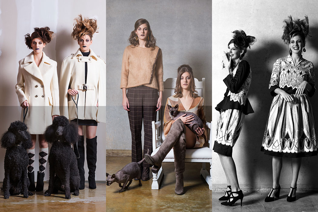 Voor deze tweeling ontwierp ik een collectie met dezelfde materialen, duidelijk familie van elkaar, maar ieder kledingstuk net anders van model en snit.